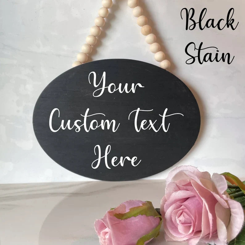 Black Custom Door Sign, Oval Reversible Wood Door Hanger- Black