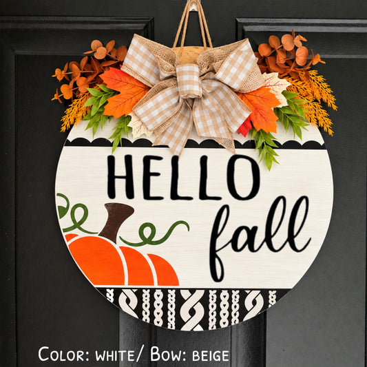Hello Fall Door Sign - Porch decor with fall foliage