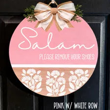 Salam Front Door Hanger, Please remove your shoes entry way sign
